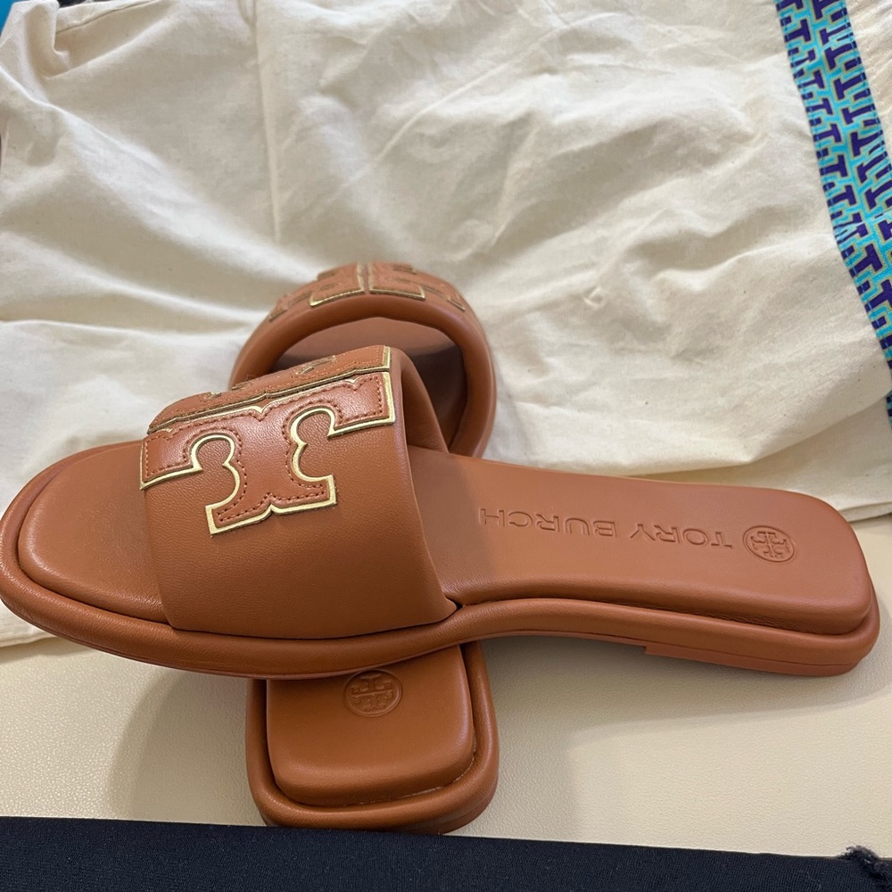 Tory Burch Double T sport slides tan color 6.5